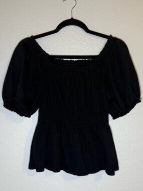 Black Puff Sleeve Smocked Babydoll Top Size M